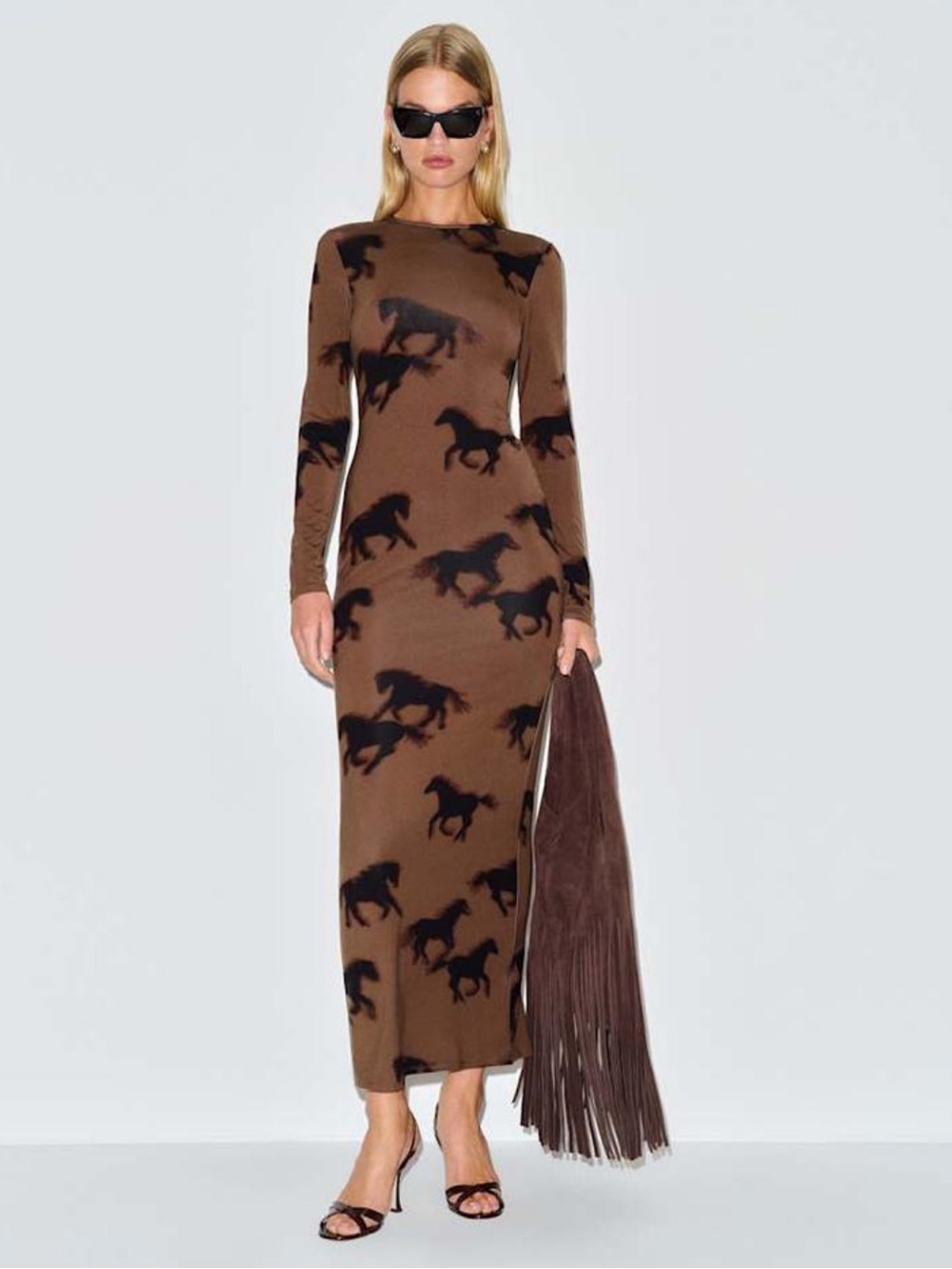 Sold out Reformation Tommie Knit Dress Long Sleeve Brown Horse-Print Large L